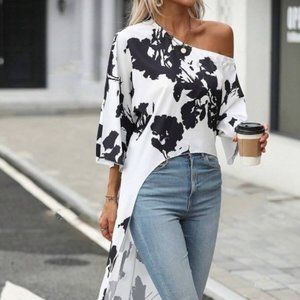 White Floral Print High Low Hem Blouse